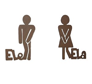 Plaquinha Para Banheiro Ele Ela Par Kit 2 Peças Natural [F031]
