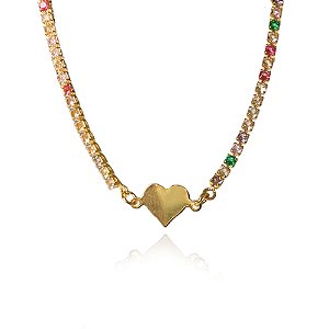 Pulseira Corrente De Zircônias Coloridas Sortidas E Coração Chapado [F027]