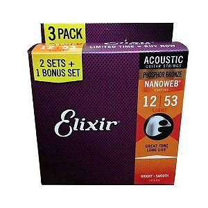 Encordoamento 012 Light Phosphor Bronze P/ Violao Aco Nanoweb Pack L3p2 16545 Elixir (15381) [F108]