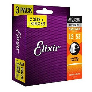 Encordoamento 012 Light Bronze 80/20 P/ Violao Aco Nanoweb Pack L3p2 16539 Elixir (15379) [F108]