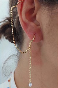Brinco Argolinha Corrente Com Ponto De Luz E Piercing Fake Banhado Em Ouro 18k [F027]