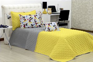 Cobreleito Mickey Solteiro Dupla Face Amarelo E Cinza 03 Pçs [F101]