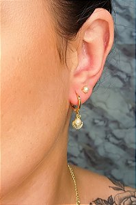 Duo Argolinha De Concha E Pérolas Banhado Em Ouro 18k [F027]