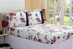 Jogo De Cama Lençol Micropercal Com Elástico Floral Azul Casal 03 Pçs [F101]