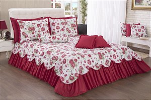 Kit Colcha Cobre Leito Belize Casal Queen 06 Pçs Floral Vermelho [F101]