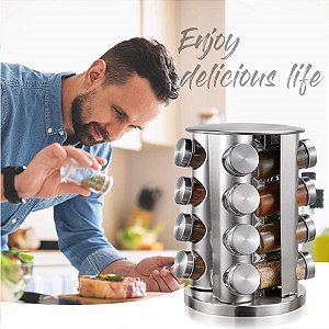 Porta Temperos Inox Giratório Com 16 Potes Torre De Condimentos;inox [F102]