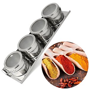 Porta Temperos Magnético Em Aço Inox Com 4 Peças + Suporte [F102]