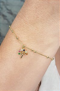 Pulseira De Bolinhas Com árvore Da Vida Colorida Banhado A Ouro 18k [F027]