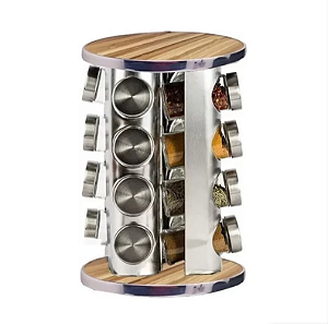 Torre De Porta Temperos Condimentos Giratório Inox 16 Potes Base Giratório [F102]