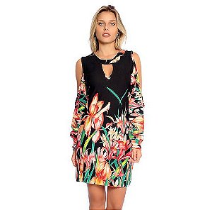 Vestido Curto Viscolycra Manga Longa Ombro Nu Tropical [F081]