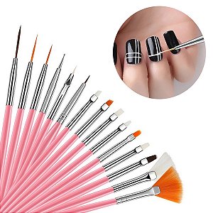 Kit Pincel Gel Uv 15 Pinceis Manicure Acrigel Cor: Rosa [F102]