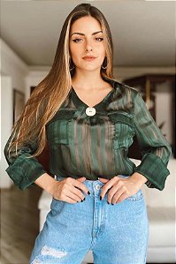 Blusa Crepe Manga Longa Com Botão [F081]