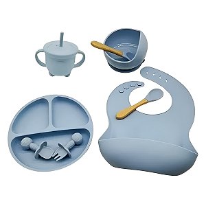 Kit Prato Infantil Silicone Copo Talher Babador Tigela Azul [F102]