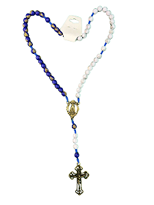 Terço 8mm Nossa Senhora Aparecida Bola Cruz Azul e Branco