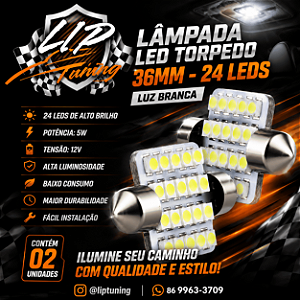 Lâmpada LED Torpedo 36mm 24 LEDs Branca 12V – Kit com 2 Unidades