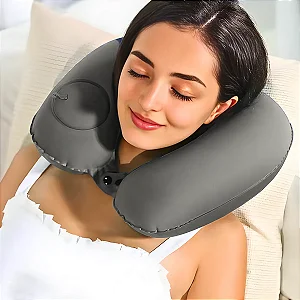 Travesseiro Almofada de Pescoço Inflável e Portátil - CINZA