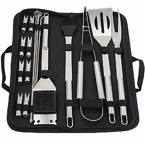 Kit Conjunto Churrasco Aço Inox Maleta 20 Peças
