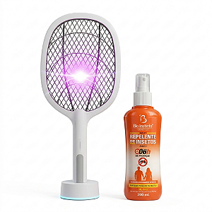 Kit Raquete Elétrica com Base + Spray Repelente 200ml
