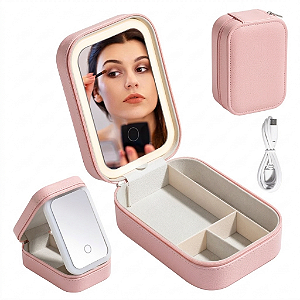 Mini Maleta de Maquiagem com Espelho LED Rosa