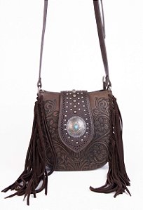 bolsa couro brown fringe