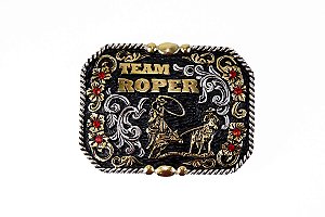 Fivela country team roping floral preto 2342