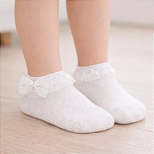 Meia Infantil Sapatilha de Algodão com Renda de Voal e Laço