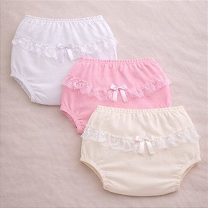 Calcinha Infantil com renda e aplicações variadas - Kit com 3 peças