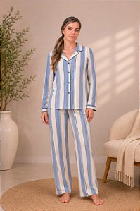 Pijama feminino longo americano - listrado azul