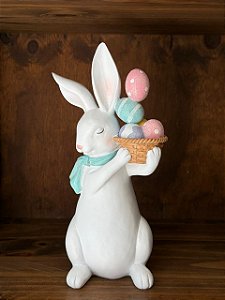 COELHO EM RESINA DECORATIVA BRANCO AZUL 28,3cm