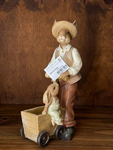 RESINA COELHO PAI E FILHO C/CARRINHO BEGE MARROM 23X7cm
