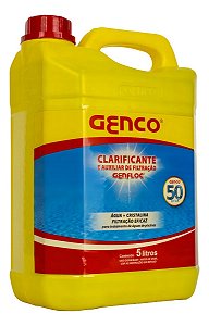 Clarificante E Auxiliar De Filtração Genco 5 Litro GenflocDescrição Clarificante e Auxiliar de Filtração GENFLOC é um eficiente clarificante e auxiliar de filtração para águas de piscinas. Sua ação floculante atrai eletrostaticamente as partículas de su