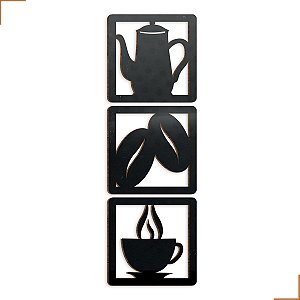 Aplique Decorativo Bule Grãos Xicára Em MDF 20x20cm Preto