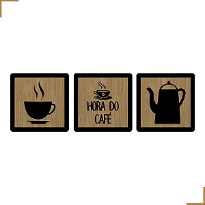 Placa Quadro Decorativo Bule, Hora do Café, Xicára Em MDF 20x20cm Kit 3