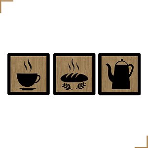 Placa Quadro Decorativo Bule, Pão, Xicára Em MDF 20x20cm Kit 3