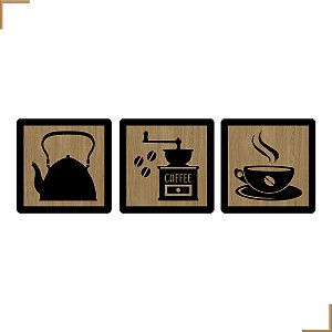 Placa Quadro Decorativo Bule, Moedor, Xicára Em MDF 20x20cm Kit 3