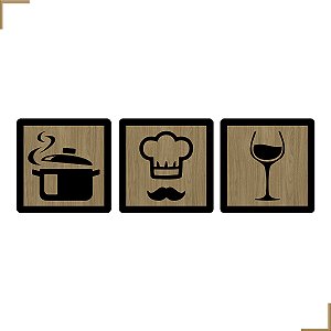 Placa Quadro Decorativo Panela, Chapéu Bigode, Taça Em MDF 20x20cm Kit 3