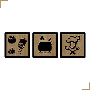 Placa Quadro Decorativo Temperos, Caldeirão, Chapéu Talher Em MDF 20x20cm Kit 3