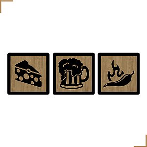 Placa Quadro Decorativo Queijo, Chopp, Pimenta Em MDF 20x20cm Kit 3