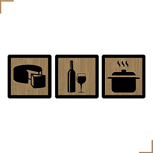 Placa Quadro Decorativo Queijo, Garrafa, Panela Em MDF 20x20cm Kit 3