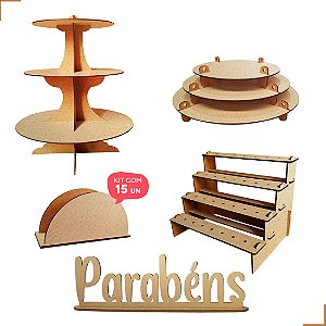 Kit Torre Bandeja Escadinha Parabéns Porta Guardanapo Festa