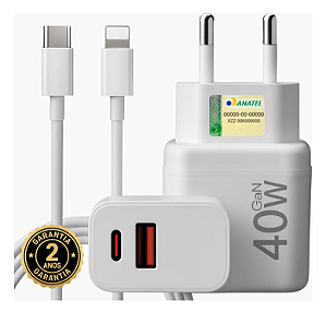 Carregador Turbo 40w Compativel Com iPhone 8 X Xr 11 12 13 14 Pro Max Usb Tipo C Duplo