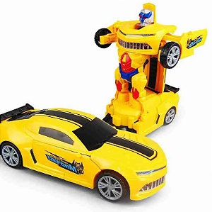 Carro a Pilha Vira Robô Emite Som e Luz Brinquedo Amarelo