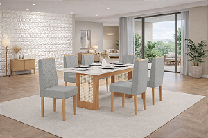 Sala De Jantar Natali 1.60 + 06 Cadeiras Olimpia Pes De Madeira Freijo/Grafite/Vancouver