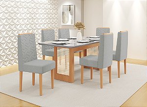 SALA DE JANTAR NATALI 1.60 + 06 CADEIRAS OLIMPIA PES DE MADEIRA FREIJO / GRAFITE / VANCOUVER