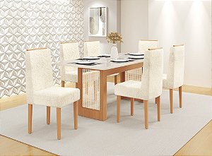 SALA DE JANTAR NATALI 1.60 + 06 CADEIRAS OLIMPIA PES DE MADEIRA FREIJO / OFF WHITE / BOUCLE