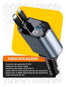 Carregador Veicular Automotivo 12v Com Cabo Retrátil Para Carros Caminhão Plug Acendedor Carga Rápida 120w 80cm Adaptador Isqueiro Tipo-c E Ios Entrada Usb Charger Turbo 4 Em 1 Carregador Veicular Par