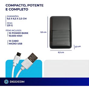 Carregador Portátil Power Bank 10.000 Mah Rápido Usb Turbo Universal Cor Sortida Diggicom