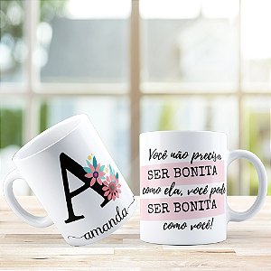 Caneca Alfabeto Floral Personalizada | Porcelana 325ml Nome Decorado