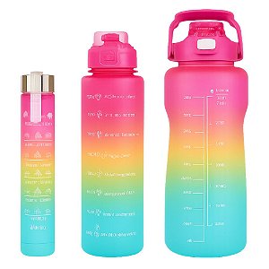 Kit 3 Garrafas de Água Com Canudo Motivacional Squeeze Adesivos 2D Degradê