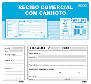 BLOCO RECIBO COMERCIAL C/CANHOTO C/50F